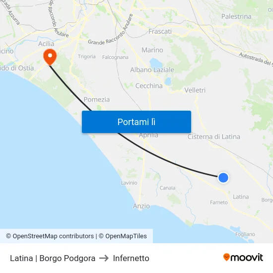 Latina | Borgo Podgora to Infernetto map