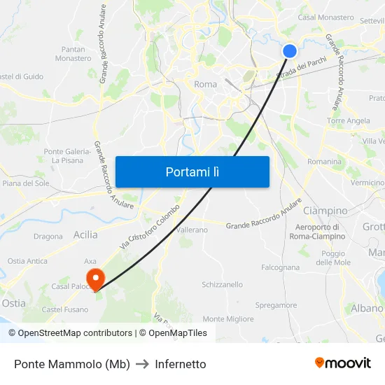 Ponte Mammolo (Mb) to Infernetto map