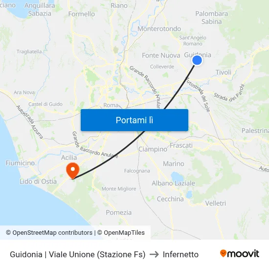 Guidonia | Viale Unione (Stazione Fs) to Infernetto map
