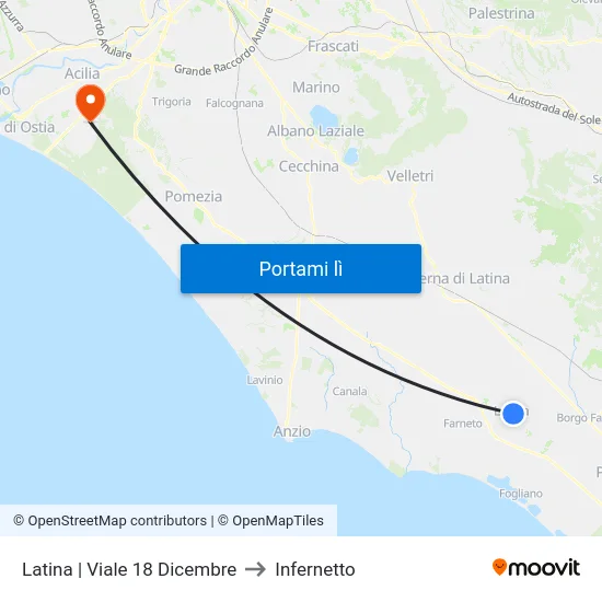 Latina | Viale 18 Dicembre to Infernetto map