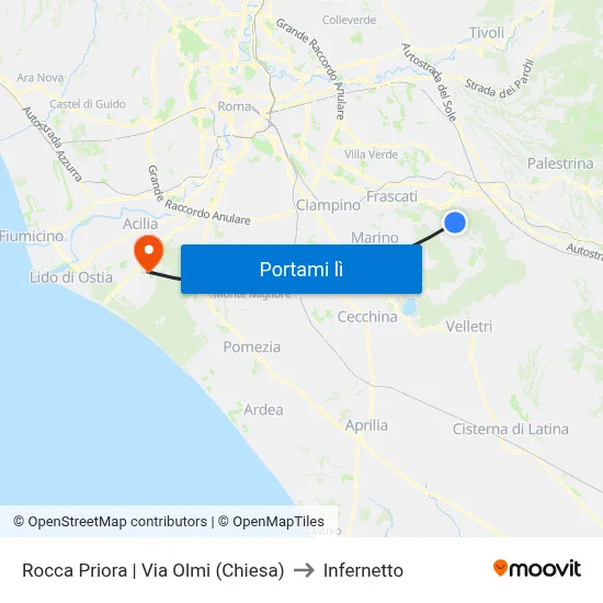 Rocca Priora | Via Olmi (Chiesa) to Infernetto map
