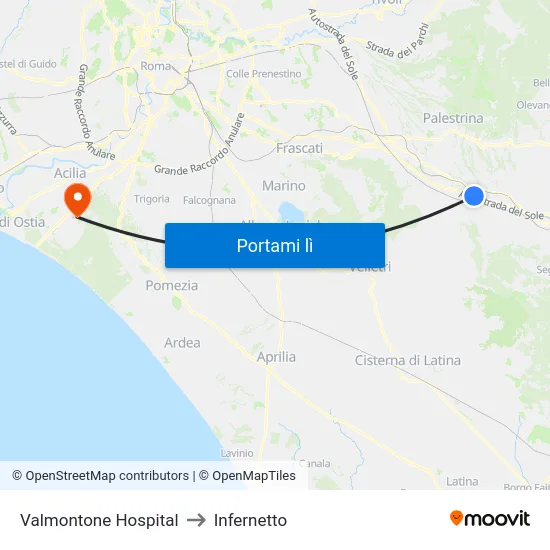 Valmontone Hospital to Infernetto map
