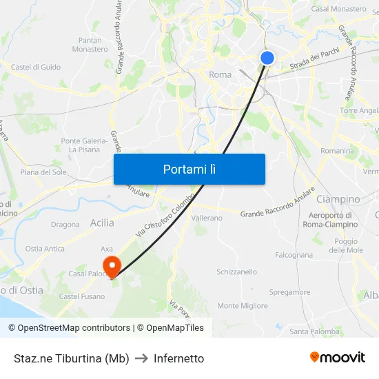Staz.ne Tiburtina (Mb) to Infernetto map