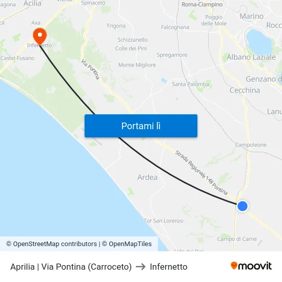 Aprilia | Via Pontina (Carroceto) to Infernetto map