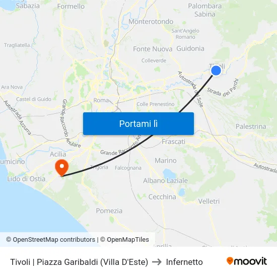 Tivoli | Piazza Garibaldi (Villa D'Este) to Infernetto map