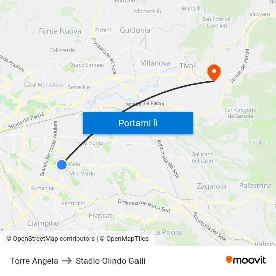 Torre Angela to Stadio Olindo Galli map