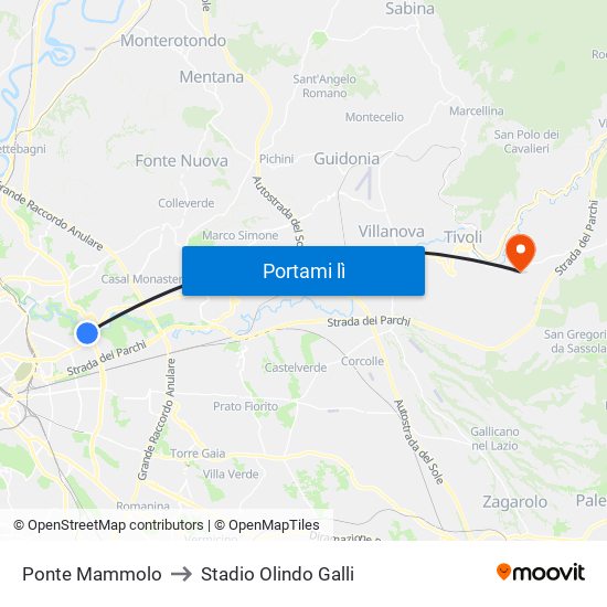 Ponte Mammolo to Stadio Olindo Galli map