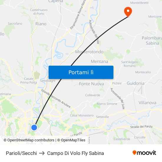 Parioli/Secchi to Campo Di Volo Fly Sabina map