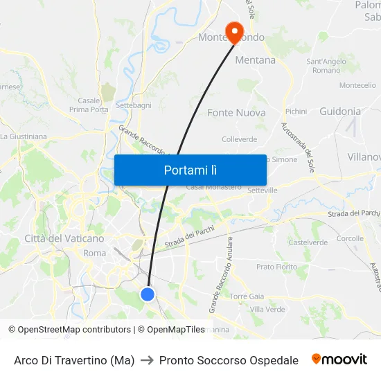 Arco Di Travertino (Ma) to Pronto Soccorso Ospedale map