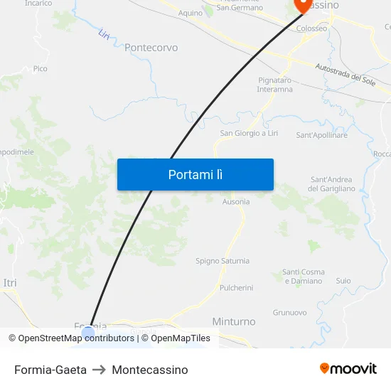 Formia-Gaeta to Montecassino map