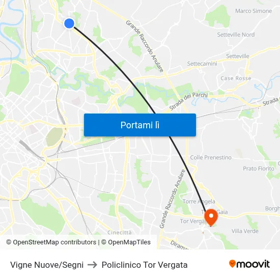 Vigne Nuove/Segni to Policlinico Tor Vergata map