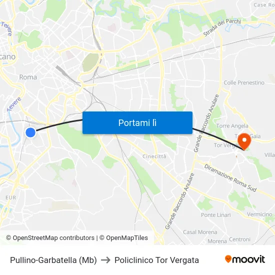 Pullino-Garbatella (Mb) to Policlinico Tor Vergata map