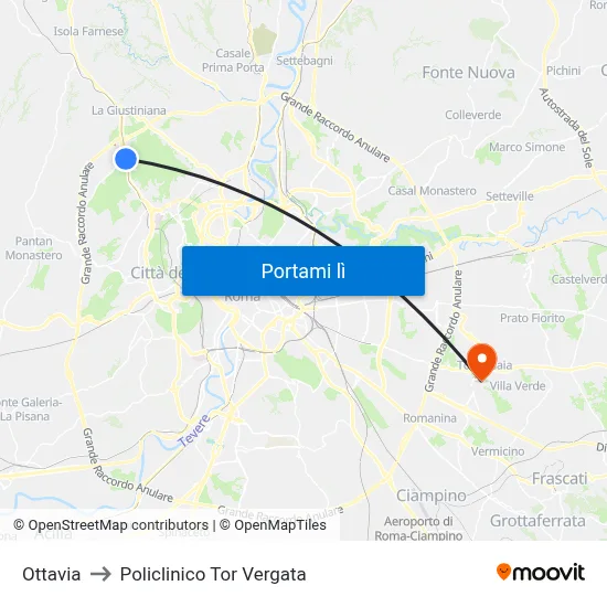 Ottavia to Policlinico Tor Vergata map