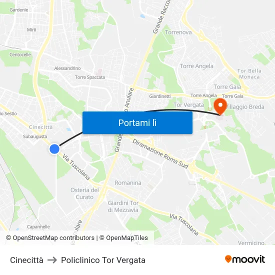 Cinecittà to Policlinico Tor Vergata map