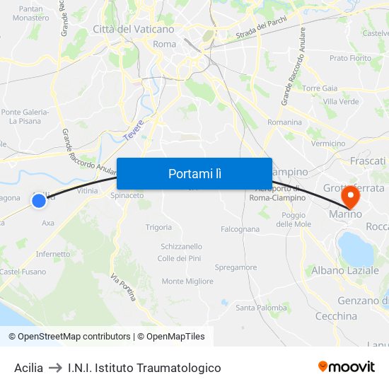 Acilia to I.N.I. Istituto Traumatologico map