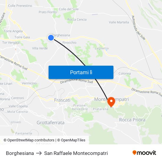 Borghesiana to San Raffaele Montecompatri map