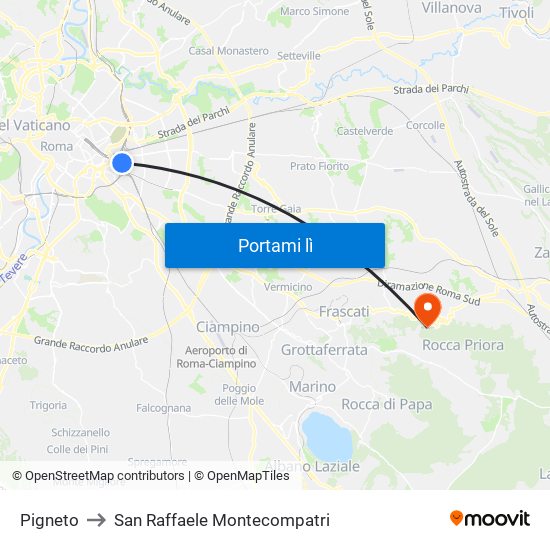 Pigneto to San Raffaele Montecompatri map