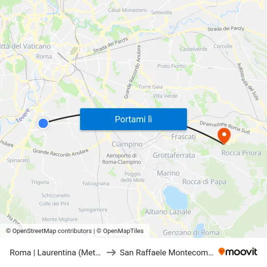 Roma | Laurentina (Metro B) to San Raffaele Montecompatri map
