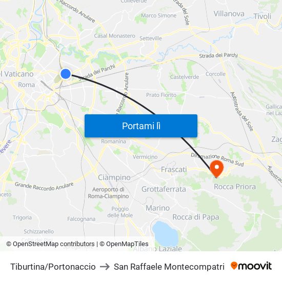 Tiburtina/Portonaccio to San Raffaele Montecompatri map