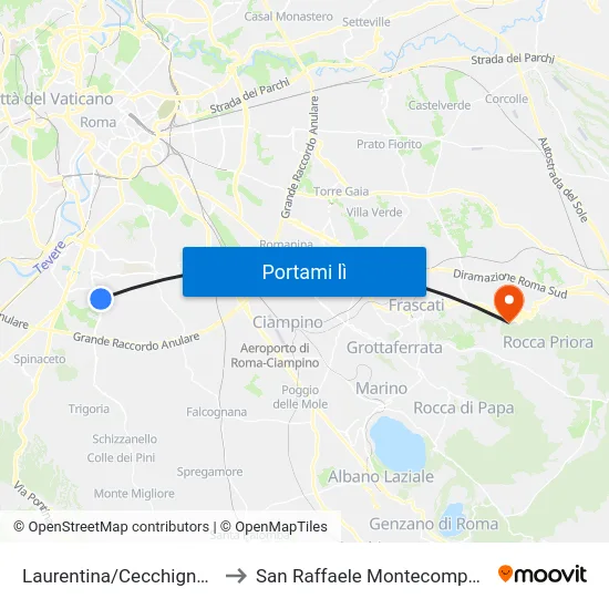 Laurentina/Cecchignola to San Raffaele Montecompatri map