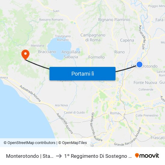 Monterotondo | Stazione FS to 1º Reggimento Di Sostegno Aves ""Idra"" map