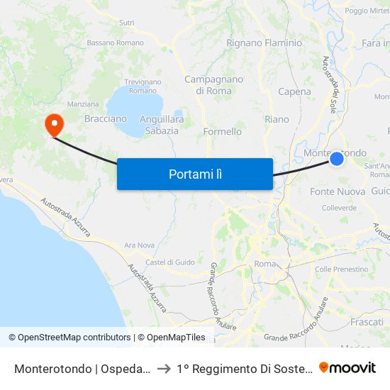 Monterotondo | Ospedale Ss. Gonfalone to 1º Reggimento Di Sostegno Aves ""Idra"" map