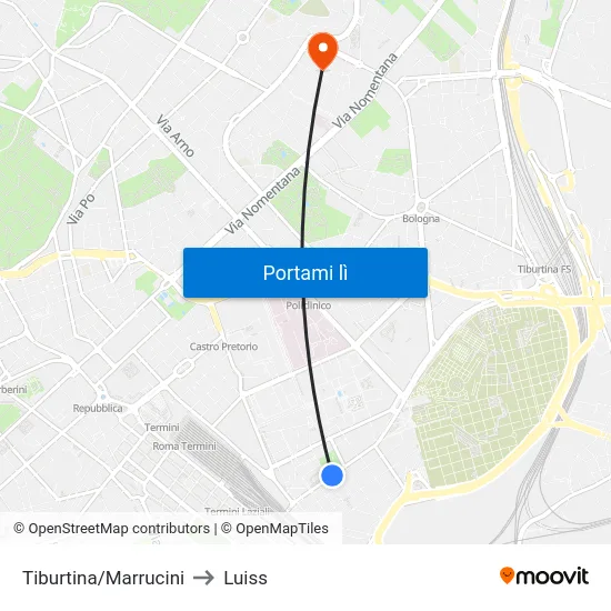 Tiburtina/Marrucini to Luiss map