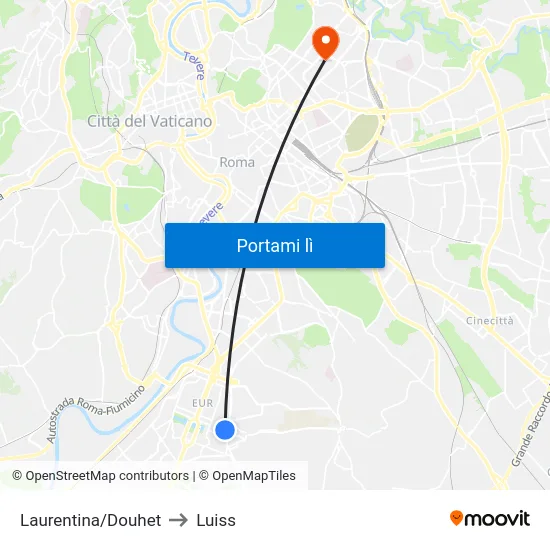 Laurentina/Douhet to Luiss map