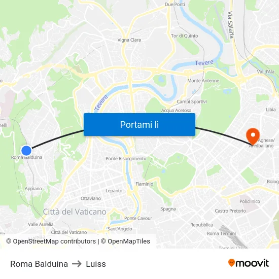Roma Balduina to Luiss map