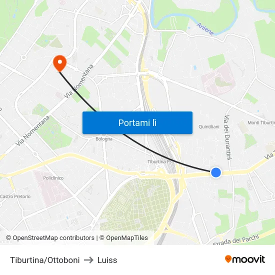 Tiburtina/Ottoboni to Luiss map