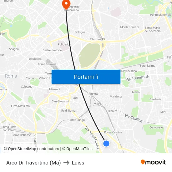 Arco Di Travertino (Ma) to Luiss map