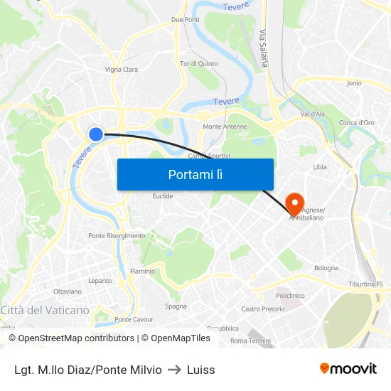 Lgt. M.llo Diaz/Ponte Milvio to Luiss map