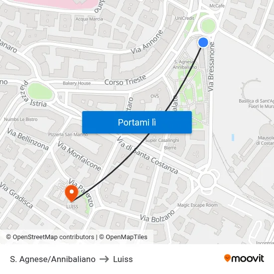 S. Agnese/Annibaliano to Luiss map