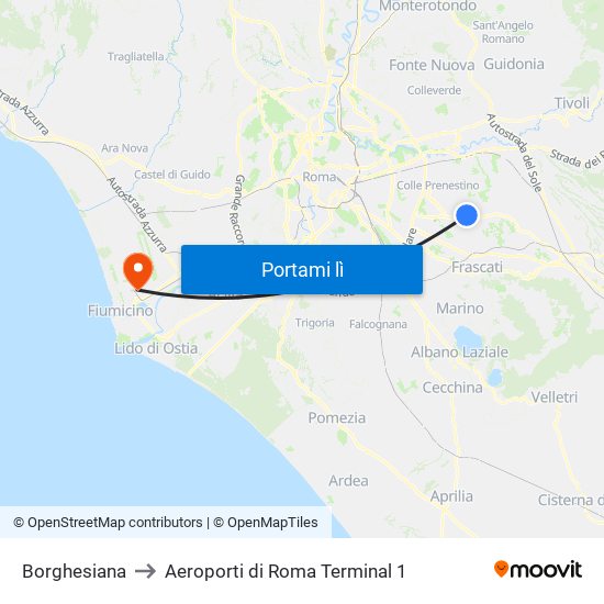 Borghesiana to Aeroporti di Roma Terminal 1 map