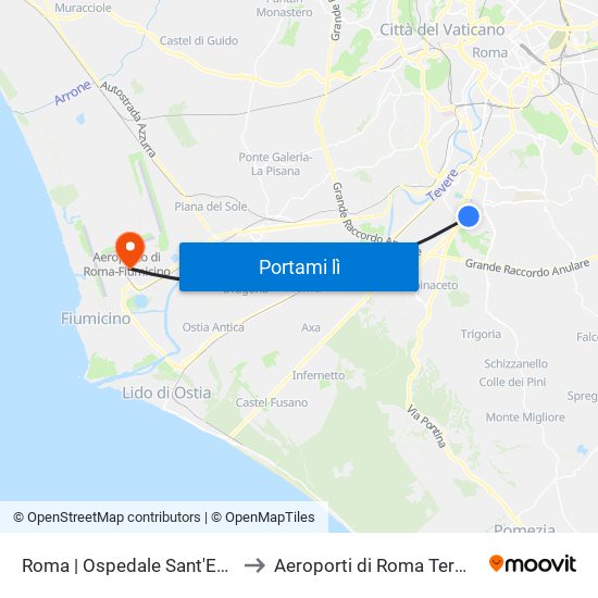 Roma | Ospedale Sant'Eugenio to Aeroporti di Roma Terminal 1 map