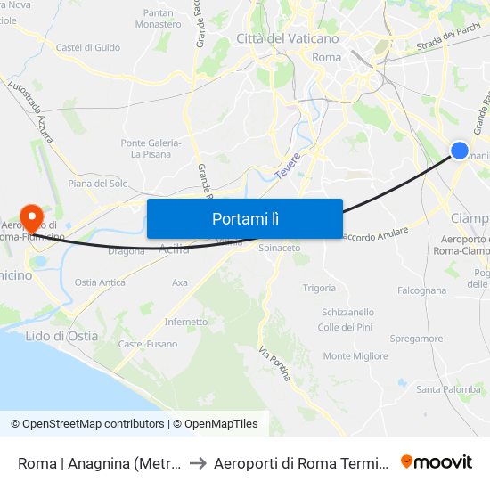 Roma | Anagnina (Metro A) to Aeroporti di Roma Terminal 1 map