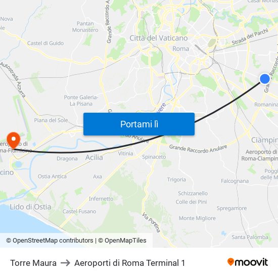 Torre Maura to Aeroporti di Roma Terminal 1 map