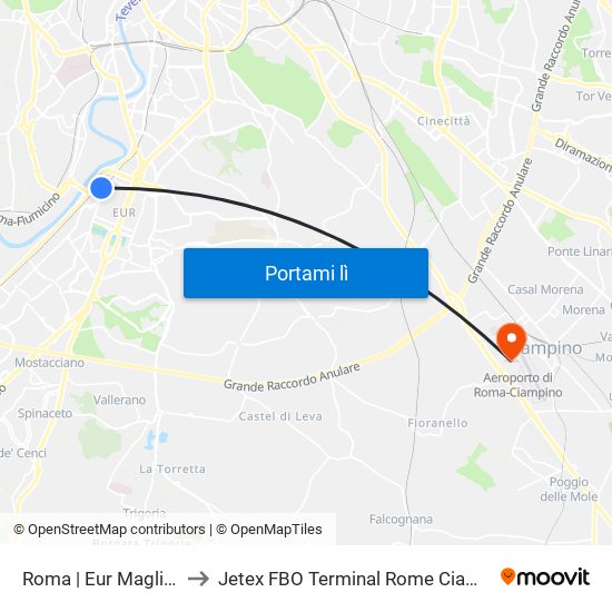 Roma | Eur Magliana to Jetex FBO Terminal Rome Ciampino map