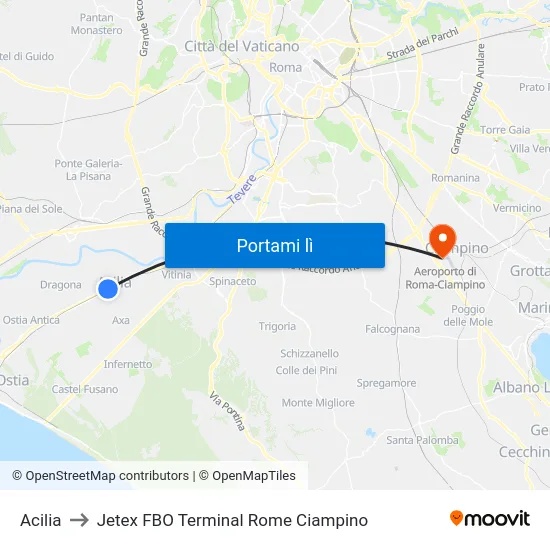 Acilia to Jetex FBO Terminal Rome Ciampino map