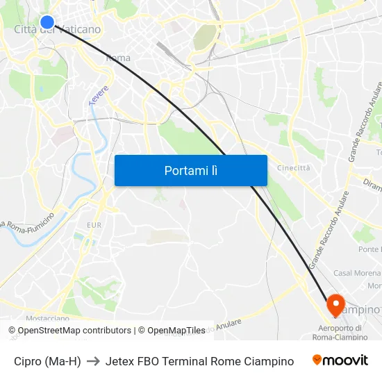 Cipro (Ma-H) to Jetex FBO Terminal Rome Ciampino map