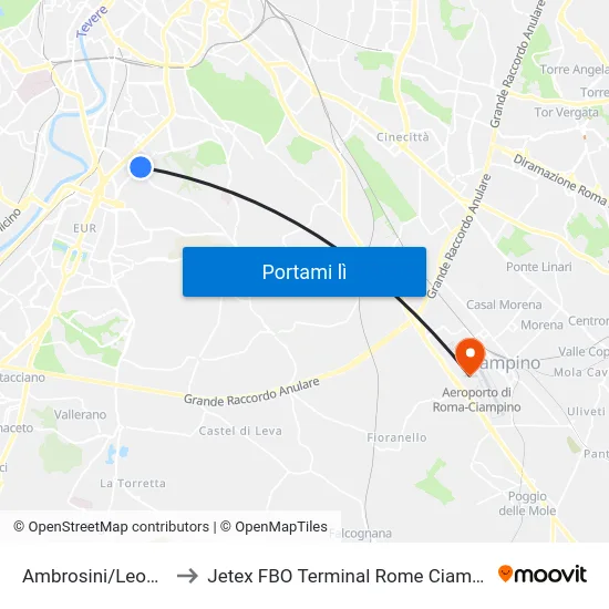 Ambrosini/Leonori to Jetex FBO Terminal Rome Ciampino map