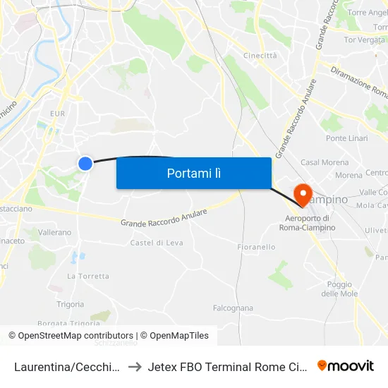 Laurentina/Cecchignola to Jetex FBO Terminal Rome Ciampino map