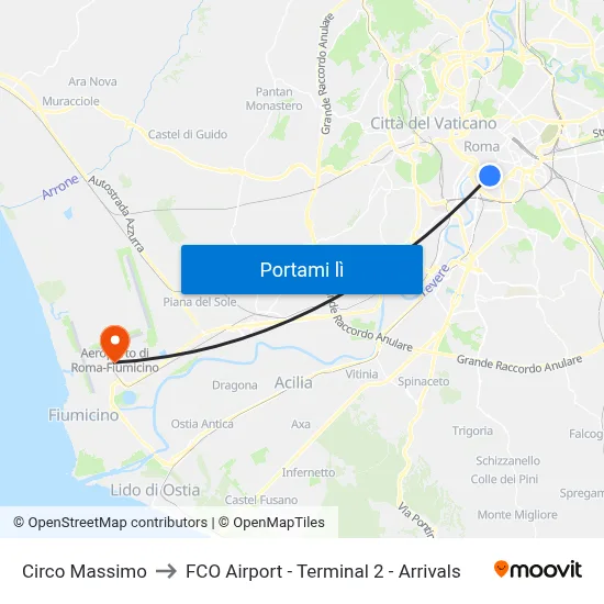 Circo Massimo to FCO Airport - Terminal 2 - Arrivals map