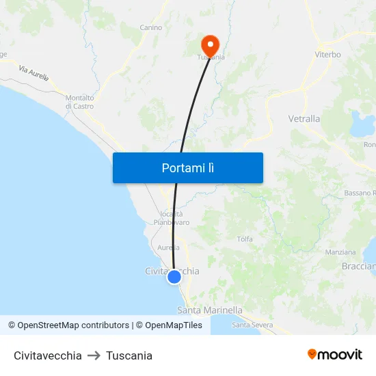 Civitavecchia to Tuscania map