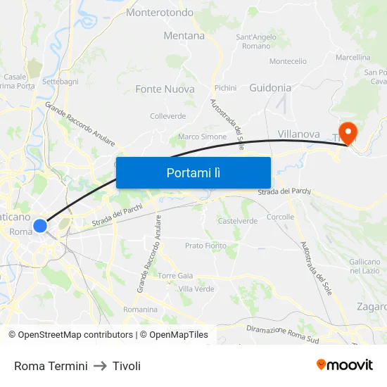 Roma Termini to Tivoli map