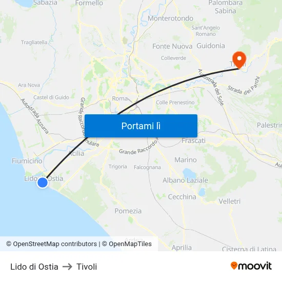 Lido di Ostia to Tivoli map
