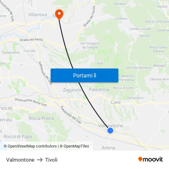 Valmontone to Tivoli map