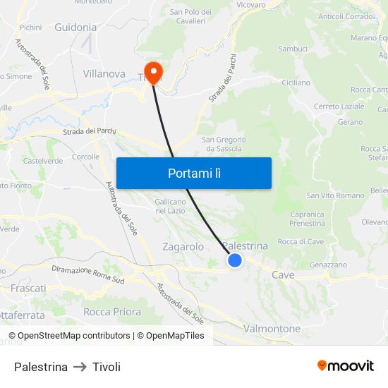 Palestrina to Tivoli map