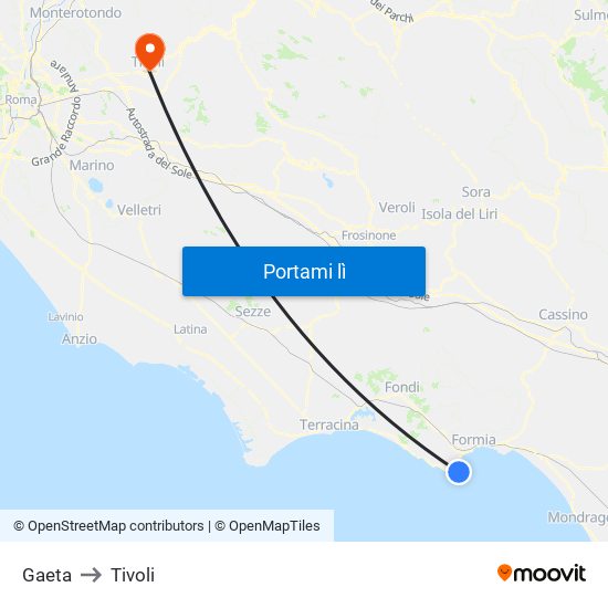 Gaeta to Tivoli map