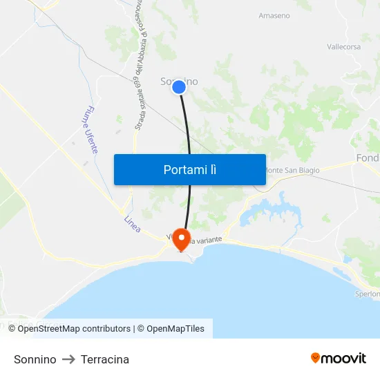 Sonnino to Terracina map